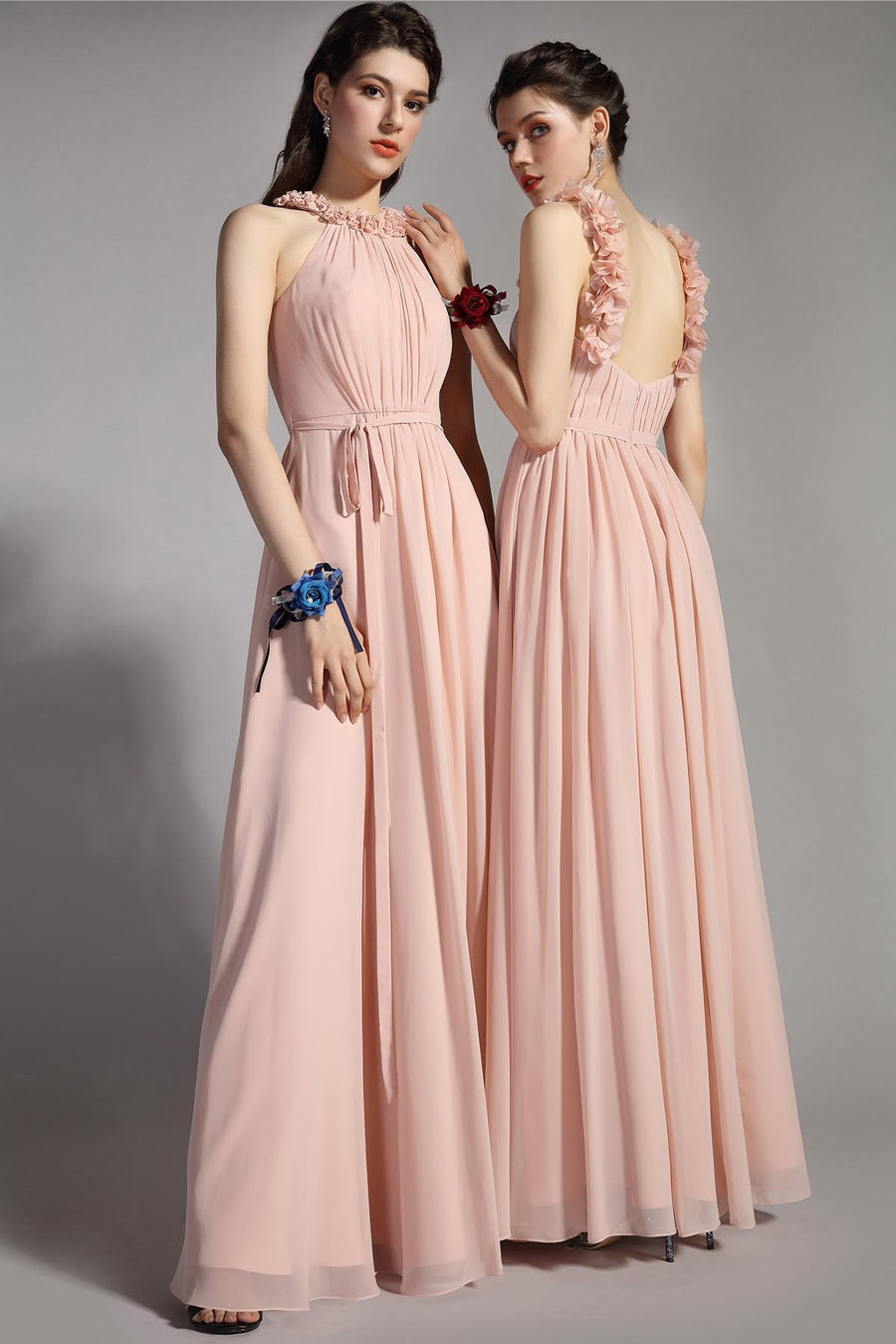 A-line Halter Sleeveless Full Length Chiffon Promo Dresses