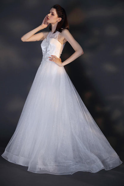 A-line Halter Sleeveless Full Length Lace Wedding Dresses