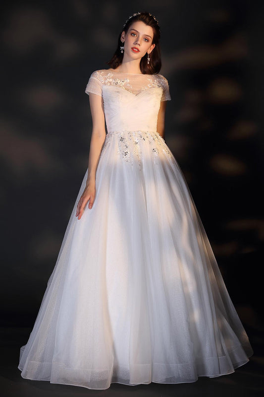 A-line Illusion Short Sleeves Full Length Lace Wedding Dresses