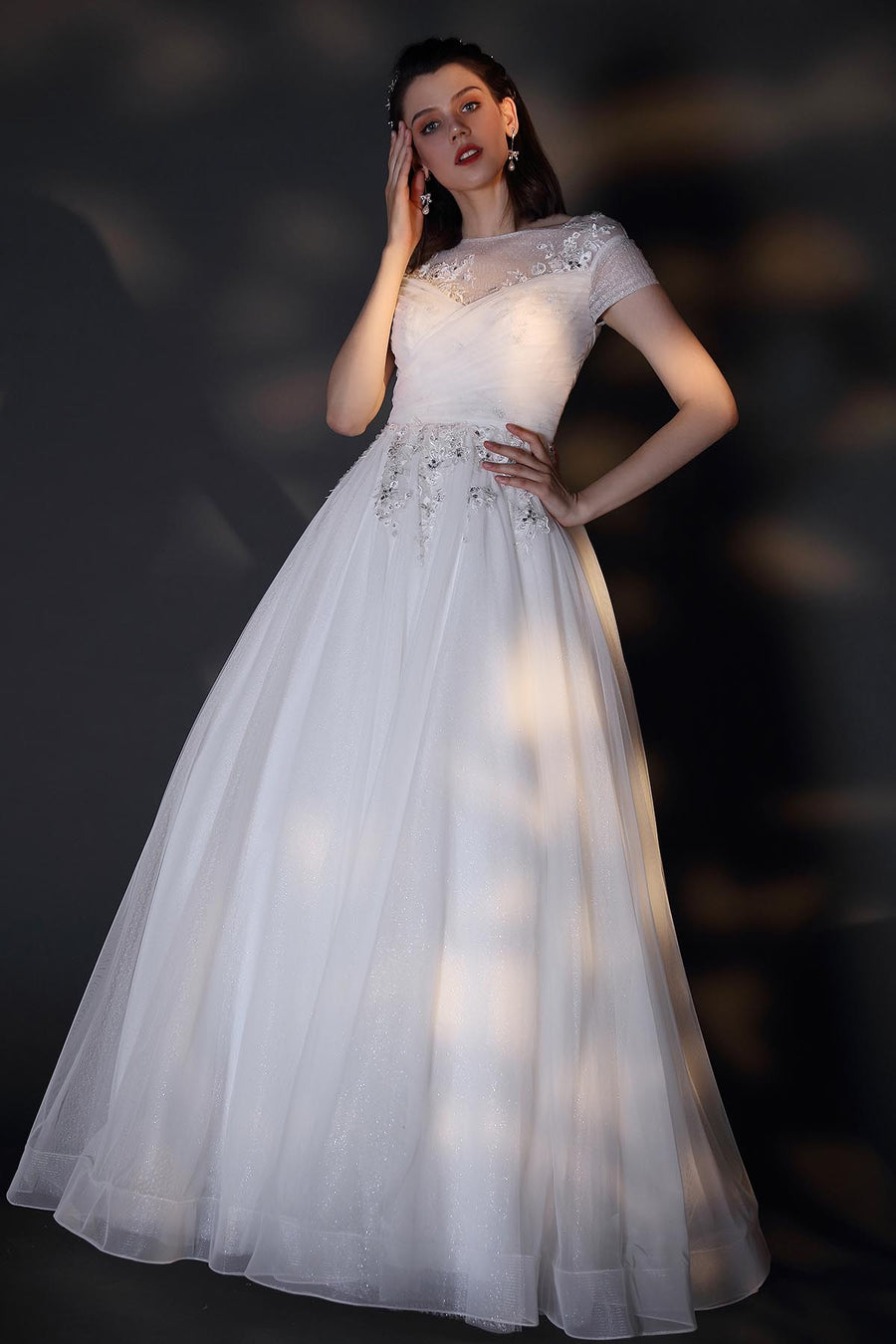 A-line Illusion Short Sleeves Full Length Lace Wedding Dresses