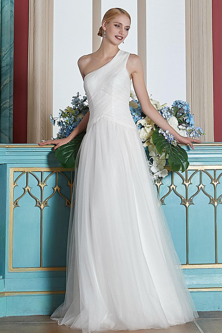 A-Line Floor-length One Shoulder Long Tulle Bridesmaid dresses