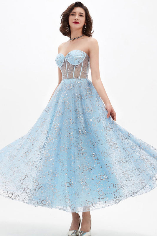 A-line Sweetheart Sleeveless Tea Length Lace Promo Dresses