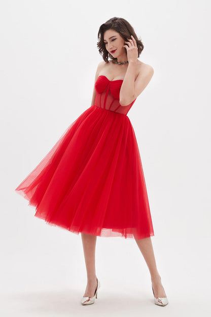 A-line Sweetheart Sleeveless Tea Length Tulle Promo Dresses