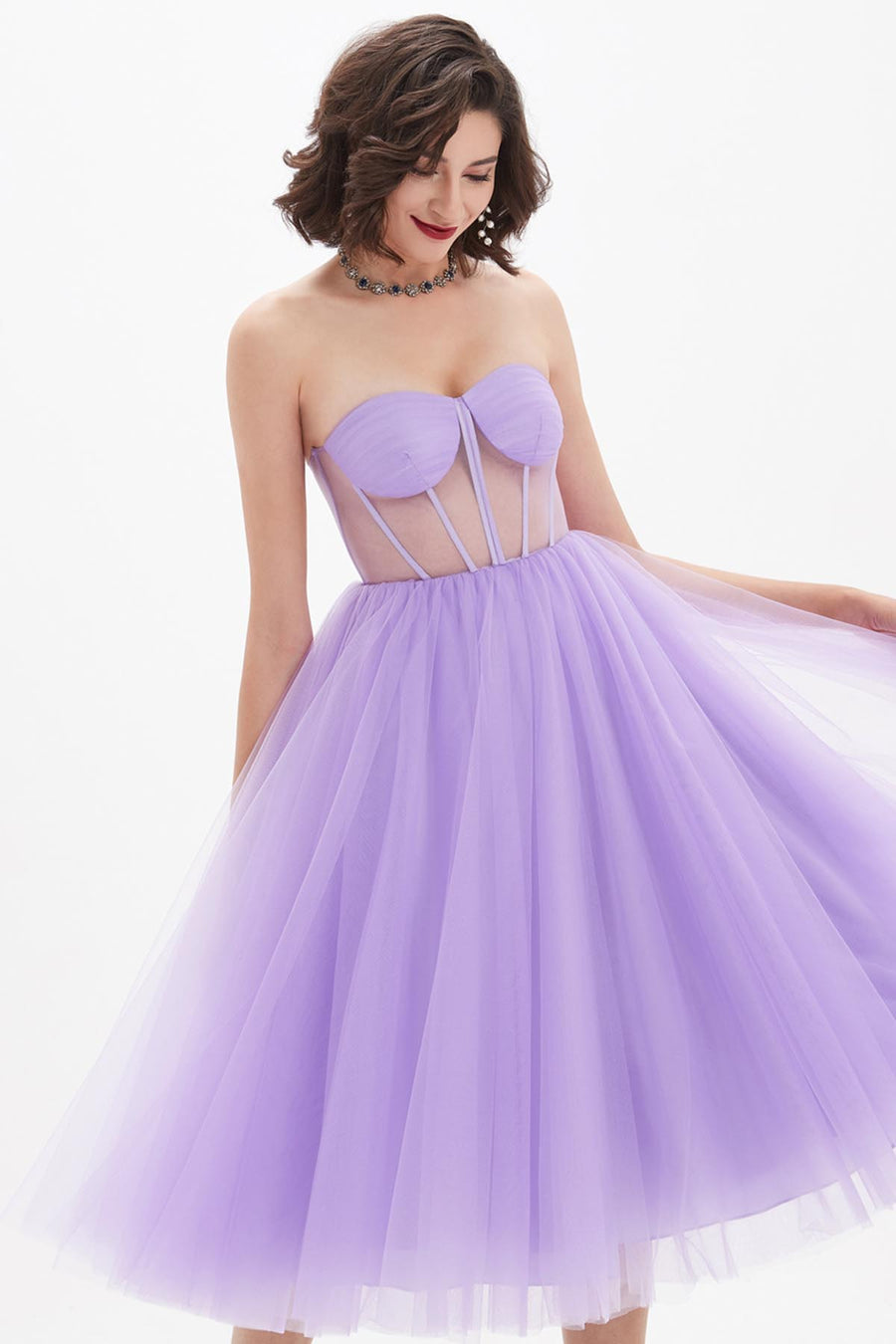 A-line Sweetheart Sleeveless Tea Length Tulle Promo Dresses