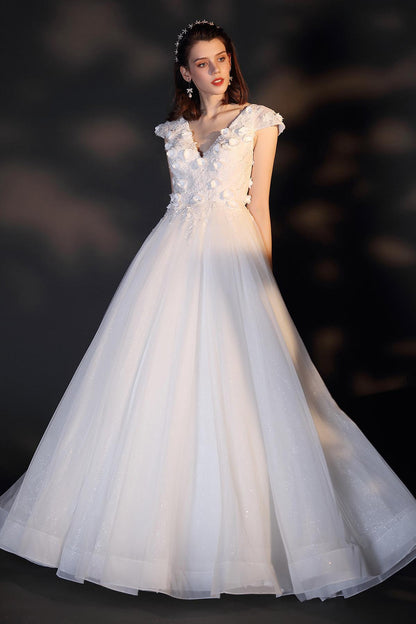 A-line V-neck Cap Sleeves Full Length Lace Wedding Dresses