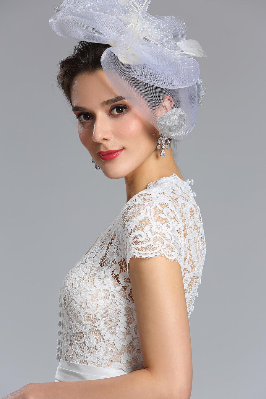 A-line V-neck Short Sleeves Tea Length Lace Wedding Dresses