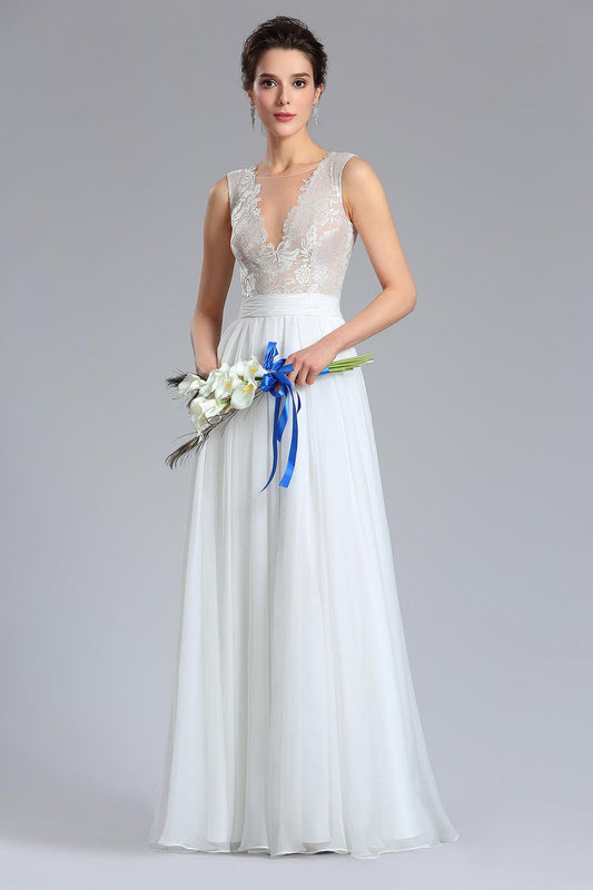 A-line V-neck Sleeveless Full Length Chiffon Wedding Dresses