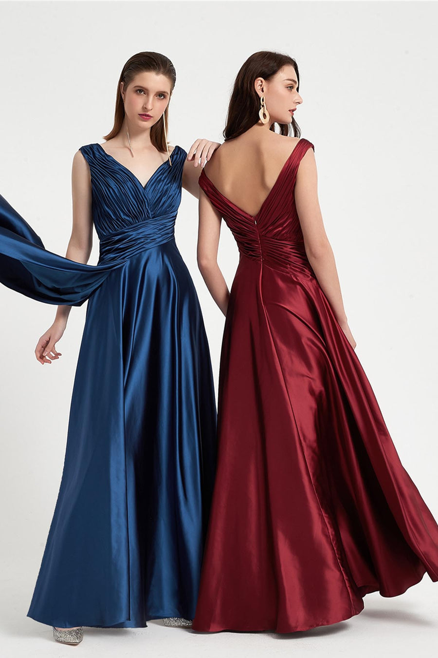 A-line V-neck Sleeveless Full Length Satin Chiffon Promo Dresses