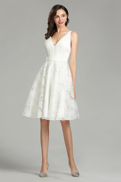 A-line V-neck Sleeveless High Low Lace Wedding Dresses