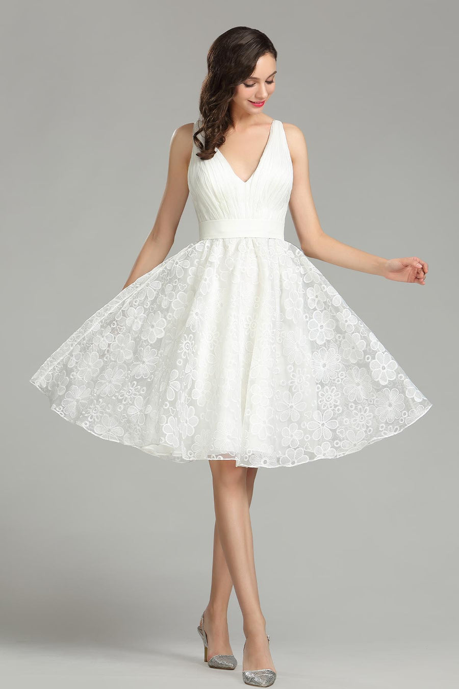 A-line V-neck Sleeveless High Low Lace Wedding Dresses