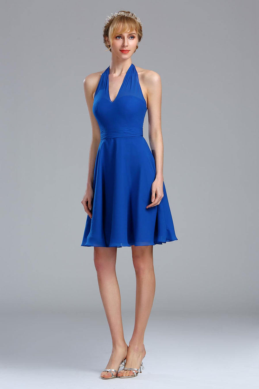 A-line V-neck Sleeveless Knee Length Chiffon Promo Dresses