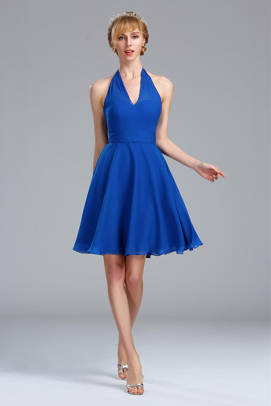 A-line V-neck Sleeveless Knee Length Chiffon Promo Dresses