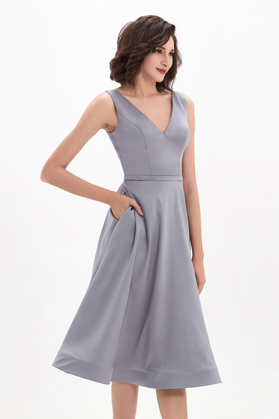 A-line V-neck Sleeveless Tea Length Charmeuse Promo Dresses