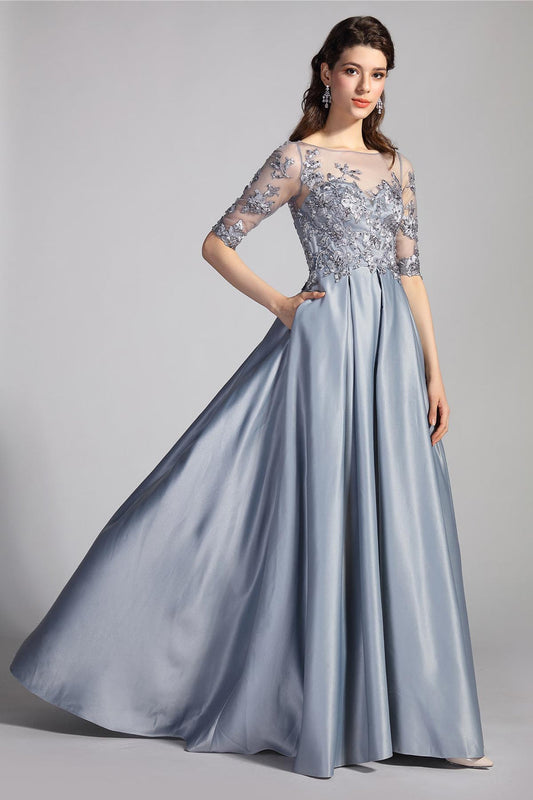 Ball Gown Illusion 3/4 Sleeves Full Length Lace Promo Dresses