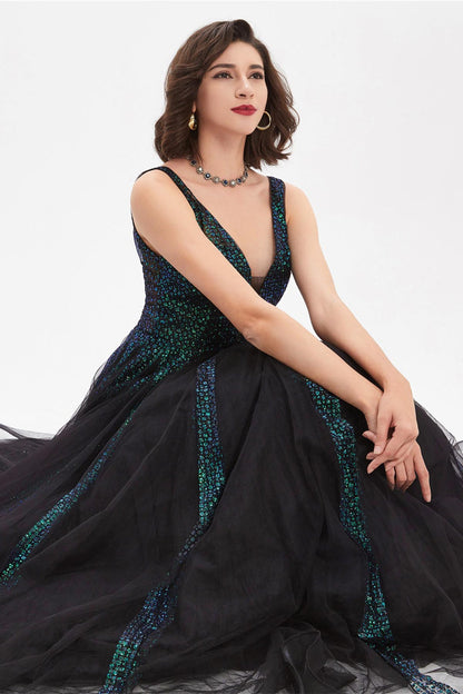 Ball Gown V-neck Sleeveless Full Length Tulle Promo Dresses