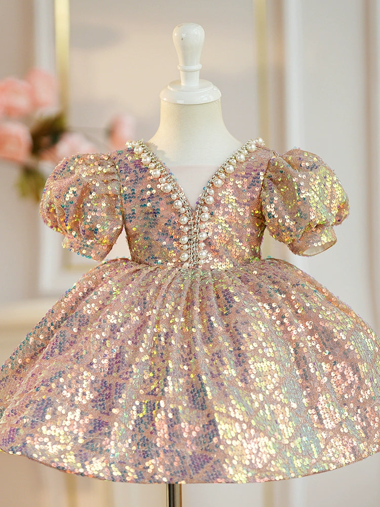 Princess Pink Sequined Bow / Tie Back Baptism Beaded Tea Length Short Sleeve Puff Sleeve V-Neck Flower Girl Dress
