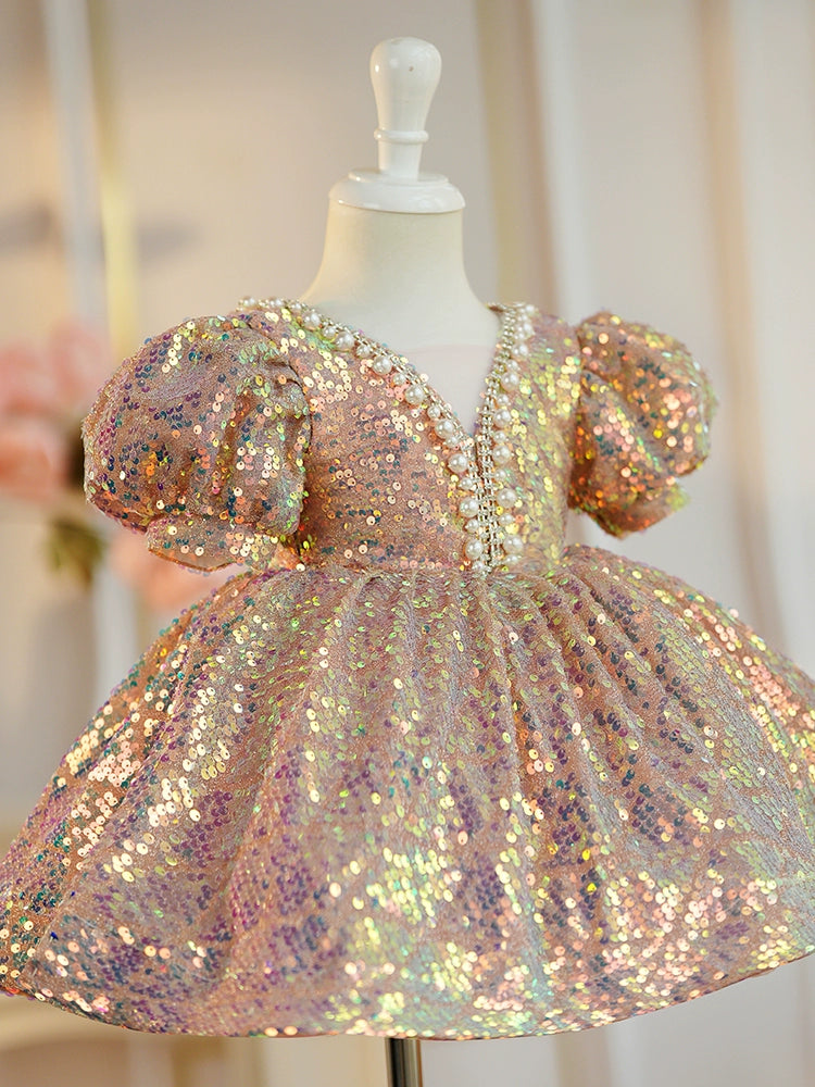 Princess Pink Sequined Bow / Tie Back Baptism Beaded Tea Length Short Sleeve Puff Sleeve V-Neck Flower Girl Dress