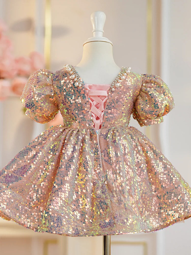 Princess Pink Sequined Bow / Tie Back Baptism Beaded Tea Length Short Sleeve Puff Sleeve V-Neck Flower Girl Dress