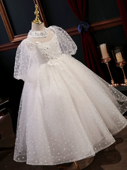 Princess White Tulle Crossed Straps Baptism Lace Floor Length 1/2 Sleeve Lantern Sleeve Mock Neck Flower Girl Dress