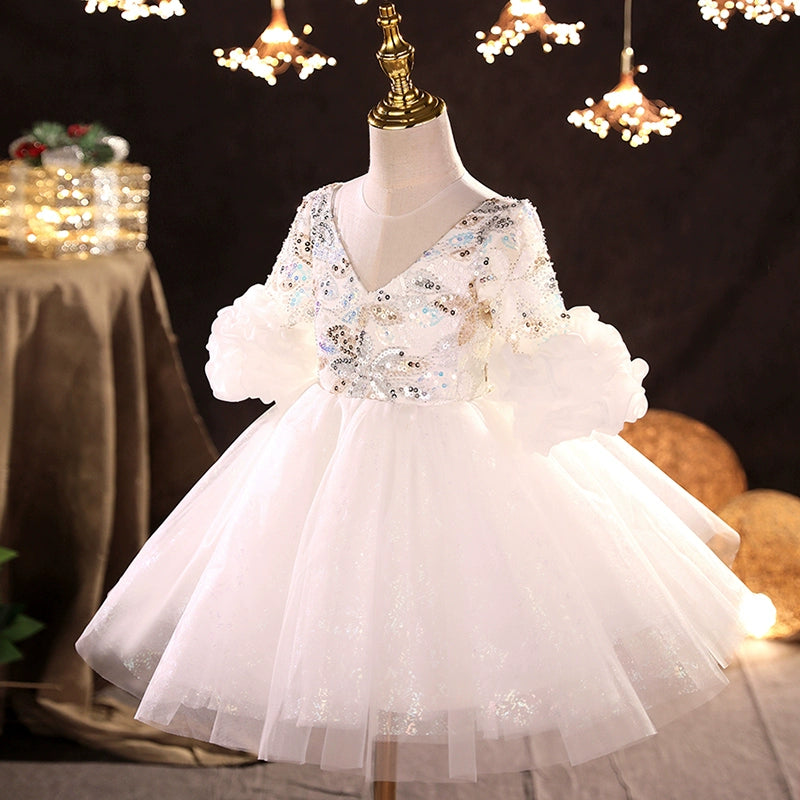 Princess White Tulle Back Zip Baptism Sequins Tea Length 1/2 Sleeve Puff Sleeve V-Neck Flower Girl Dress
