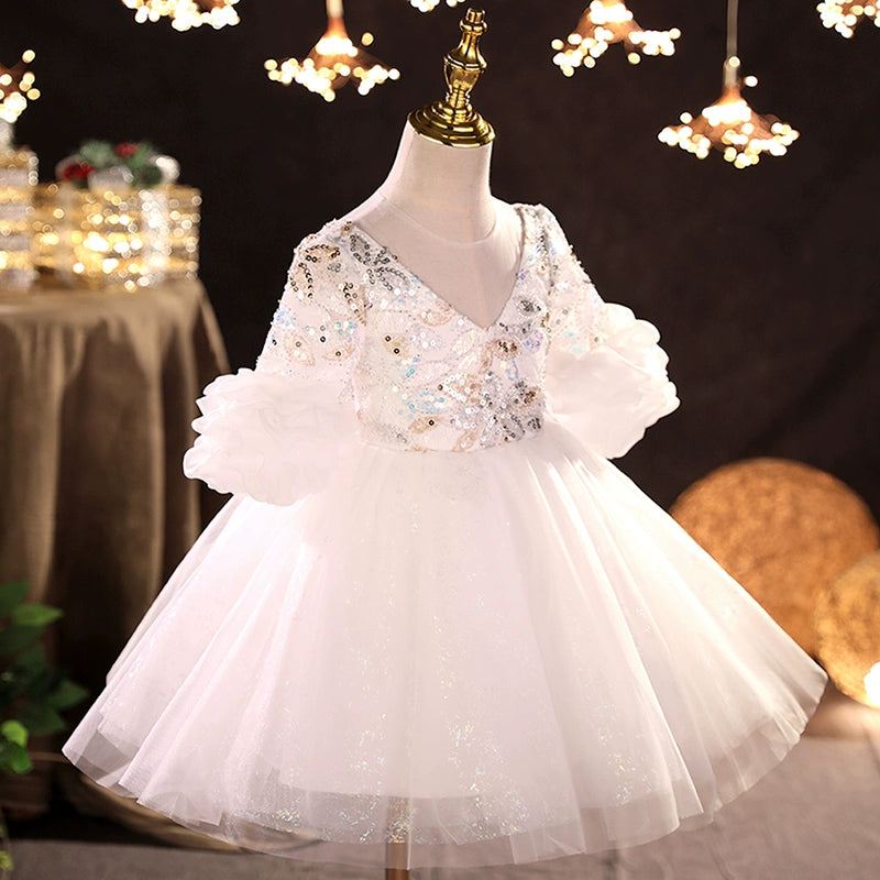 Princess White Tulle Back Zip Baptism Sequins Tea Length 1/2 Sleeve Puff Sleeve V-Neck Flower Girl Dress