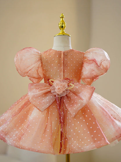 Dusty Rose Organza Back Zip Baptism Bow(s) Tea Length Short Sleeve Puff Sleeve Round Flower Girl Dress