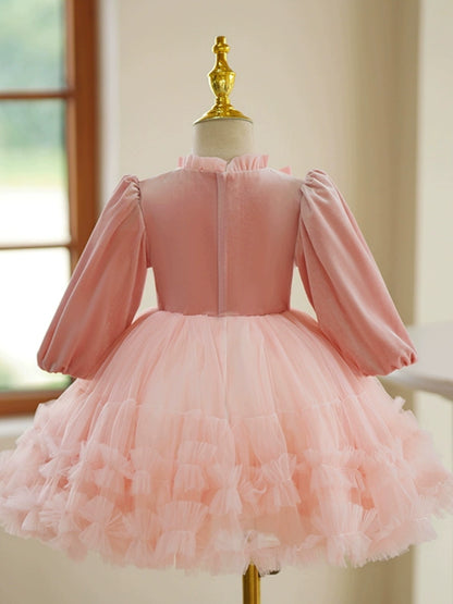 Pink Tulle Back Zip Baptism Bow(s) Tea Length Long Sleeve Lantern Sleeve Mock Neck Flower Girl Dress