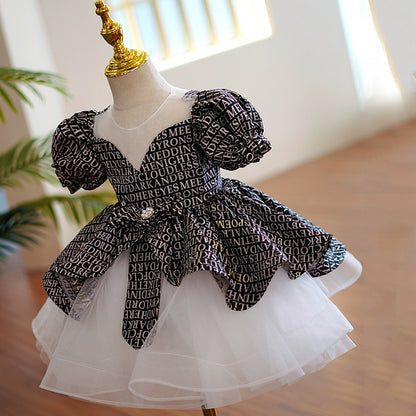 Princess Black Organza Back Zip Baptism Cascading Ruffles Tea Length Short Sleeve Puff Sleeve Round Flower Girl Dress