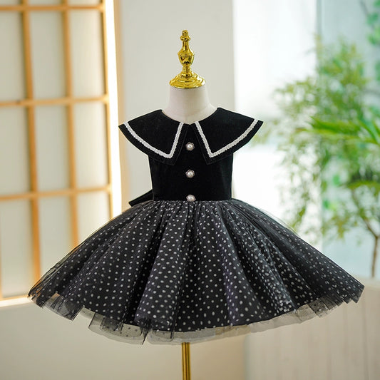 Princess Black Velvet Back Zip Baptism Tea Length Sleeveless Cap Sleeve Collared Neck Flower Girl Dress