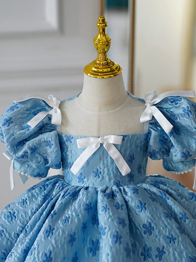 Princess Blue Satin Back Zip Baptism Bow(s) Tea Length Short Sleeve Puff Sleeve Square Flower Girl Dress