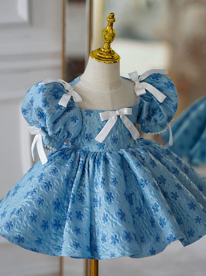 Princess Blue Satin Back Zip Baptism Bow(s) Tea Length Short Sleeve Puff Sleeve Square Flower Girl Dress