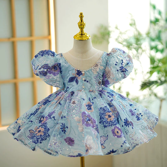 Princess Blue Sequined Back Zip Baptism Flower(s) Tea Length Short Sleeve Puff Sleeve Scoop Flower Girl Dress