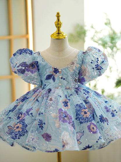 Princess Blue Sequined Back Zip Baptism Flower(s) Tea Length Short Sleeve Puff Sleeve Scoop Flower Girl Dress