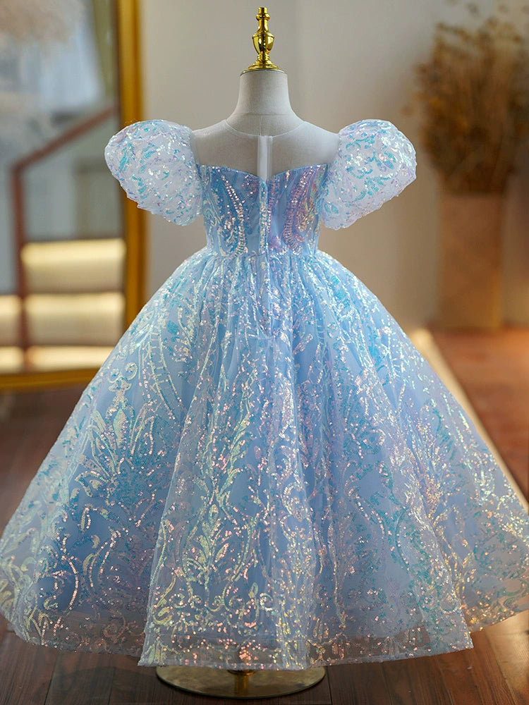 Princess Blue Sequined Back Zip Baptism Sequins Floor Length Short Sleeve Puff Sleeve Round Flower Girl Dress