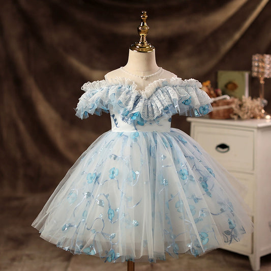 Princess Blue Tulle Back Zip Baptism Lace Tea Length Sleeveless Cold Shoulder Sleeve Sweetheart Flower Girl Dress