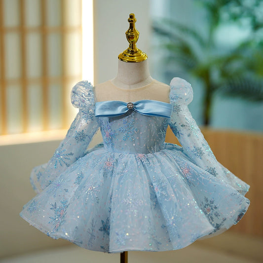 Princess Blue Tulle Back Zip Baptism Sequins Tea Length Long Sleeve Puff Sleeve Round Flower Girl Dress