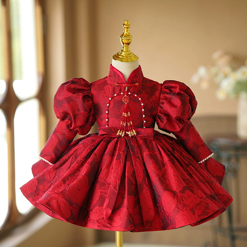 Princess Burgundy Satin Back Zip Baptism Bowknot Tea Length Long Sleeve Lantern Sleeve Mock Neck Flower Girl Dress