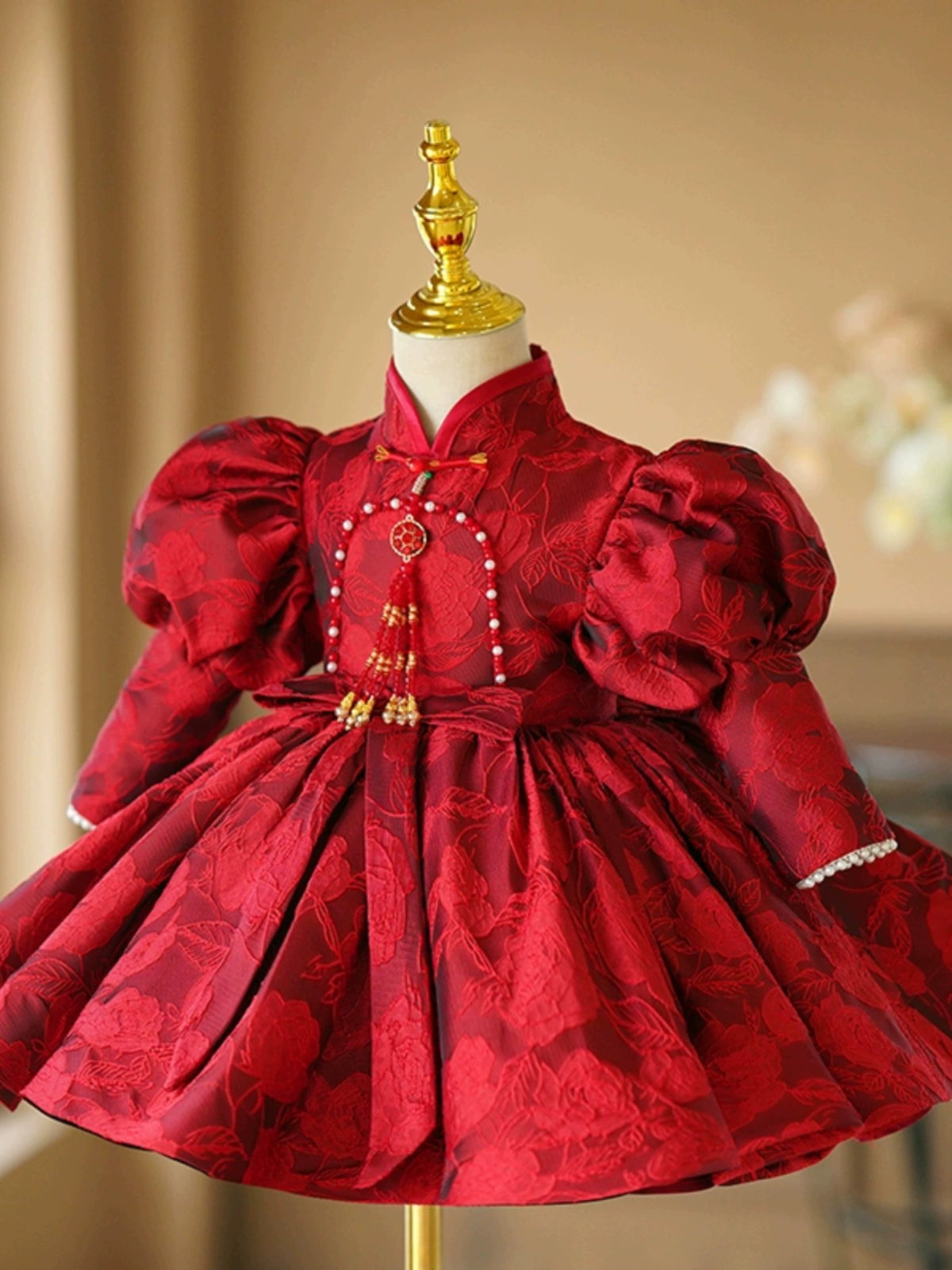 Princess Burgundy Satin Back Zip Baptism Bowknot Tea Length Long Sleeve Lantern Sleeve Mock Neck Flower Girl Dress