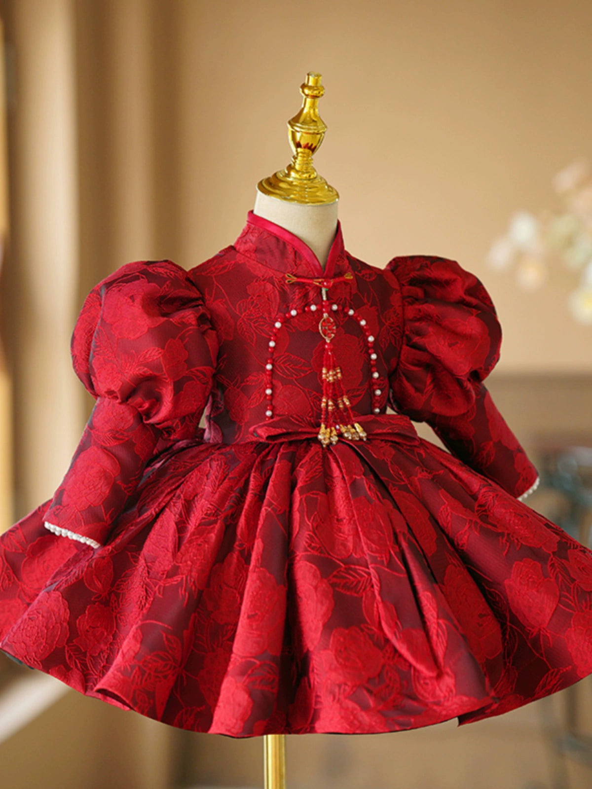 Princess Burgundy Satin Back Zip Baptism Bowknot Tea Length Long Sleeve Lantern Sleeve Mock Neck Flower Girl Dress