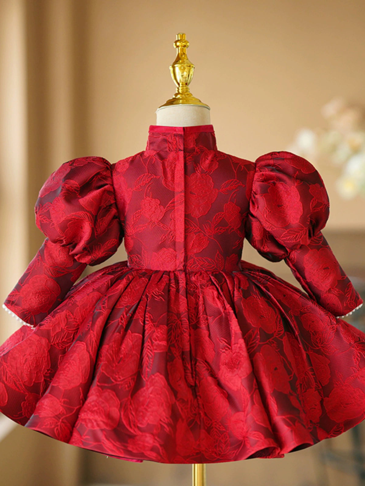 Princess Burgundy Satin Back Zip Baptism Bowknot Tea Length Long Sleeve Lantern Sleeve Mock Neck Flower Girl Dress