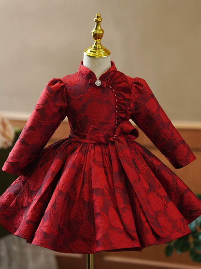 Princess Burgundy Satin Back Zip Baptism Bowknot Tea Length Long Sleeve Mock Neck Flower Girl Dress