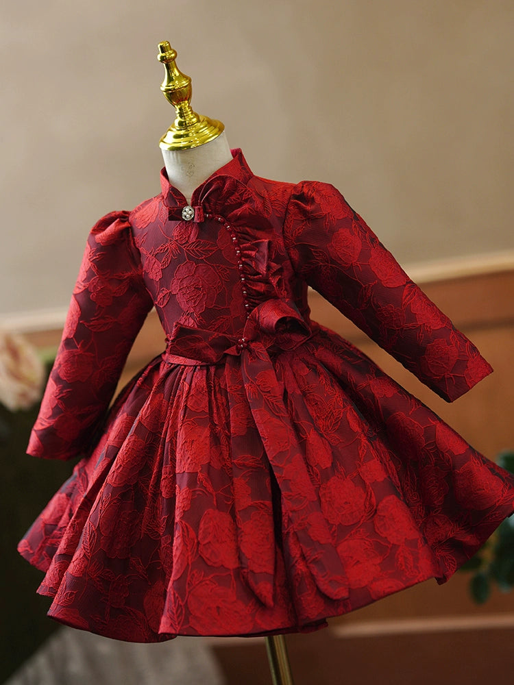 Princess Burgundy Satin Back Zip Baptism Bowknot Tea Length Long Sleeve Mock Neck Flower Girl Dress