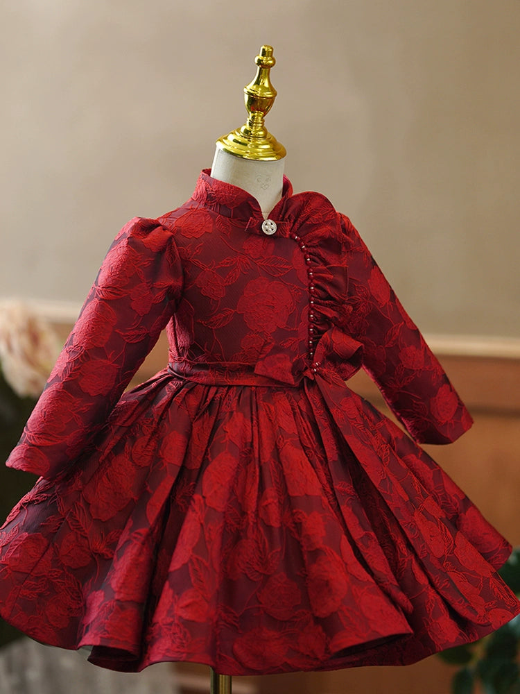 Princess Burgundy Satin Back Zip Baptism Bowknot Tea Length Long Sleeve Mock Neck Flower Girl Dress