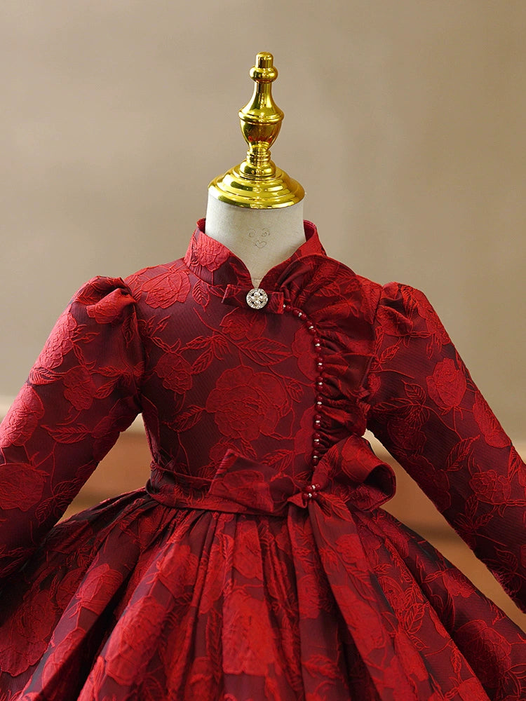 Princess Burgundy Satin Back Zip Baptism Bowknot Tea Length Long Sleeve Mock Neck Flower Girl Dress