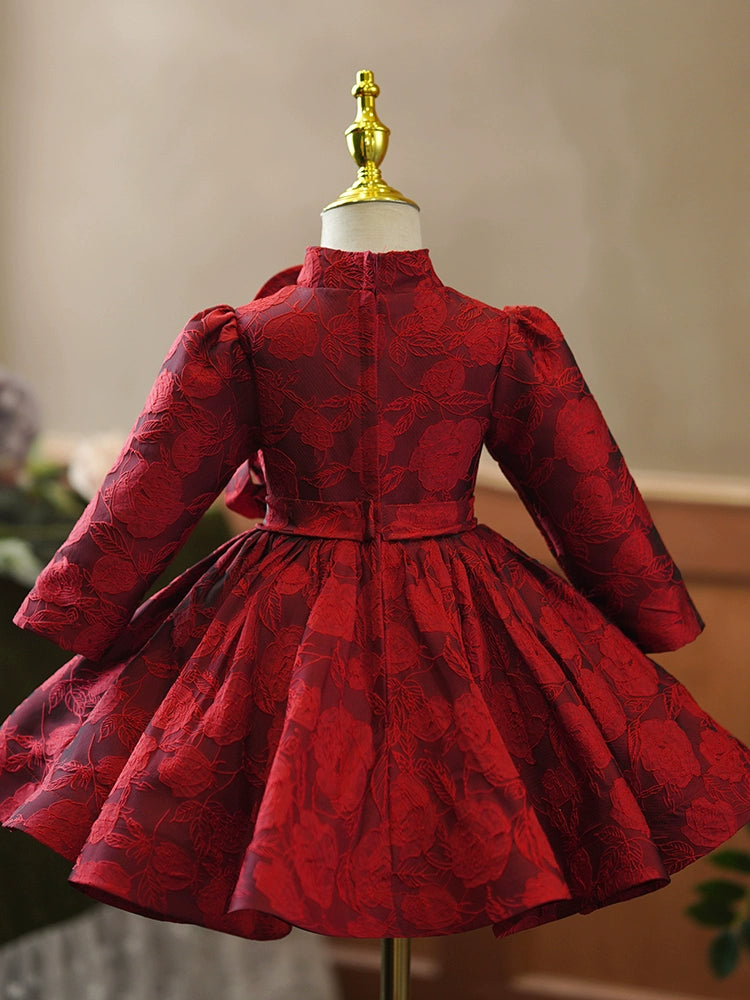 Princess Burgundy Satin Back Zip Baptism Bowknot Tea Length Long Sleeve Mock Neck Flower Girl Dress