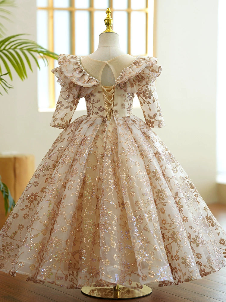 Princess Champagne Sequined Crossed Straps Birthday Lace Floor Length Long Sleeve Scoop Flower Girl Dress