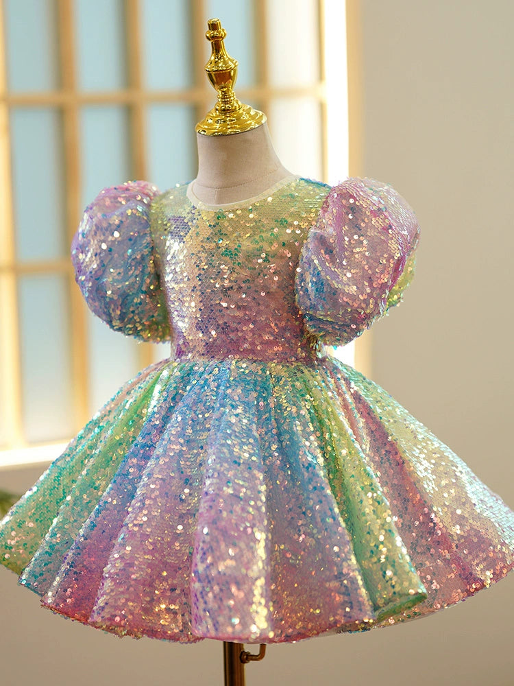 Princess Colorful Sequined Back Zip Baptism Sequin Tea Length Short Sleeve Puff Sleeve Round Flower Girl Dress