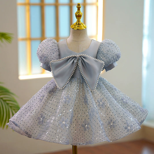 Princess Dusty Blue Satin Back Zip Baptism Sequins Tea Length Short Sleeve Puff Sleeve Scoop Flower Girl Dress