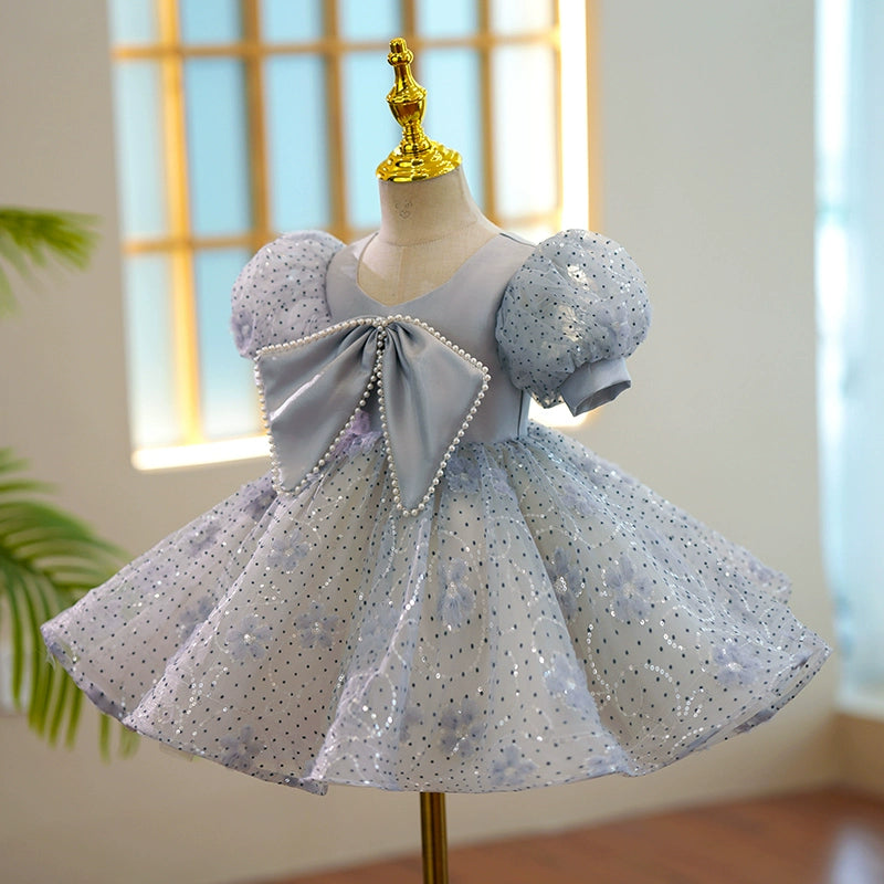 Princess Dusty Blue Satin Back Zip Baptism Sequins Tea Length Short Sleeve Puff Sleeve Scoop Flower Girl Dress