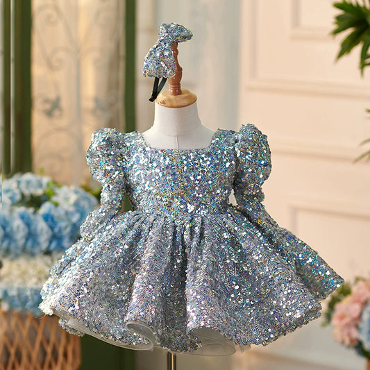 Princess Dusty Blue Sequined Back Zip Baptism Sequin Tea Length Long Sleeve Square Flower Girl Dress